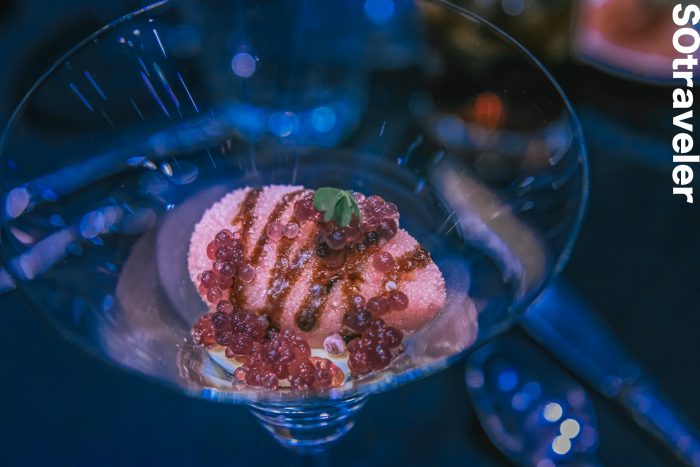 Red Grape Champagne Sorbet, Red Grape Caviar, Raspberry Balsamic Glaze