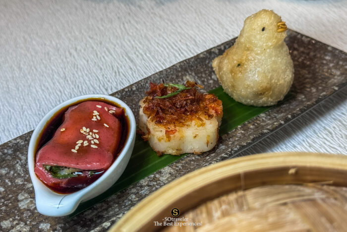 Pan-Fried Turnip Cake with Sakura Shrimp / Bird-Shaped Deep-Fried Glutinous Rice Dumpling / Red Rice Cheung Fun with Grouper and Morel Mushrooms