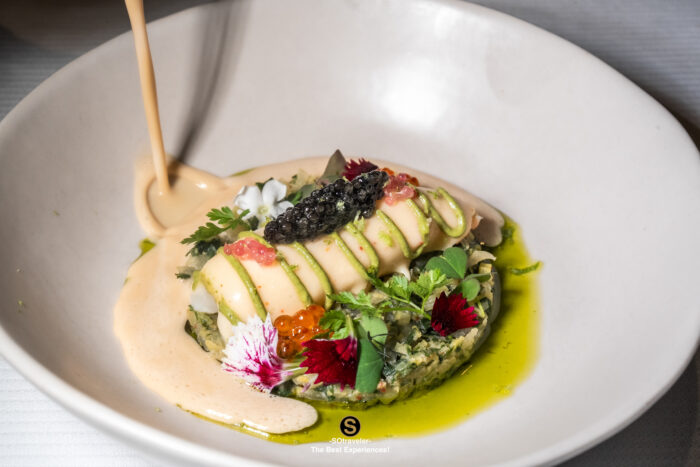 French cherry dessert fine dining course with Petit Beurre crumble