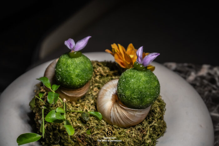 Fine dining amuse bouche with edible flower cosmos presentation