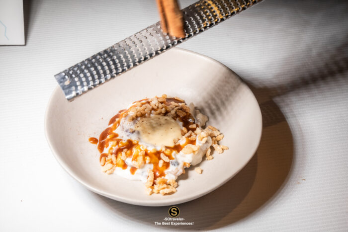 Le Verger dessert white peach verbena syrup Kwai beer sorbet