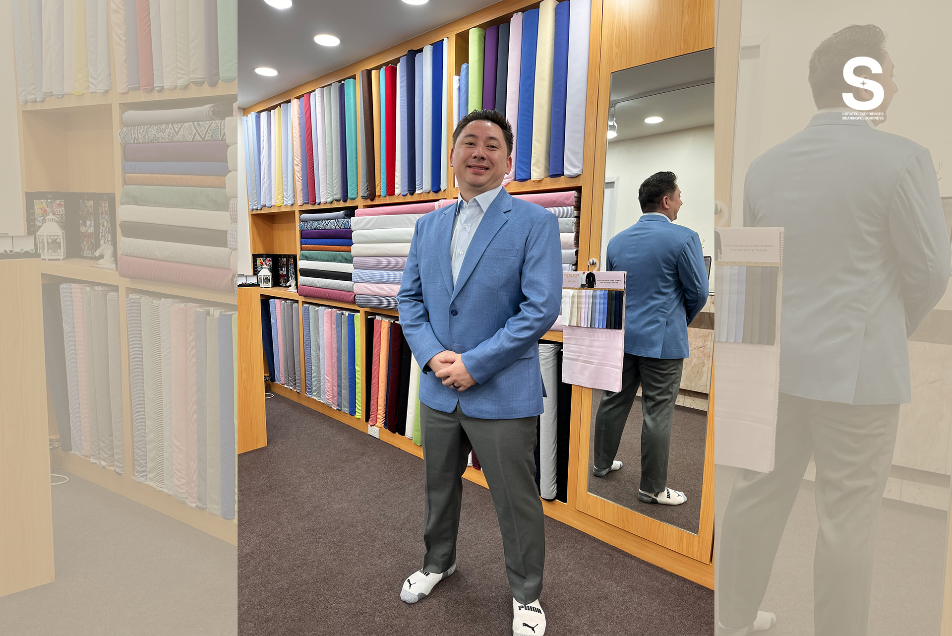 Best tailor Bangkok Velour Waza Sukhumvit 33 displaying suit jackets and fabric rolls