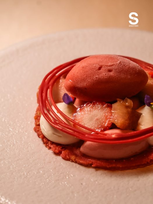 Strawberry Rhubarb Baba, Mint Whipped Ganache, Strawberry Sorbet